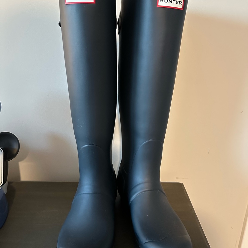 Worn once, limited edition navy and lipstick pink hunter boots. Women’s US 8